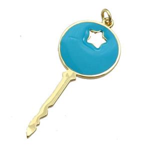 copper Key pendant with teal enamel, gold plated, approx 18-40mm [FN26020]