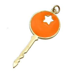 copper Key pendant with orange enamel, gold plated, approx 18-40mm [FN26022]