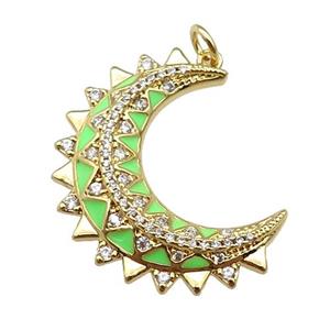 copper Moon pendant paved zircon with green enamel, gold plated, approx 25-30mm [FN26026]