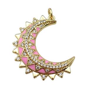 copper Moon pendant paved zircon with pink enamel, gold plated, approx 25-30mm [FN26027]