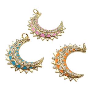 copper Moon pendant paved zircon with enamel, gold plated, mixed, approx 25-30mm [FN26030]