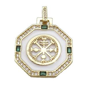 copper Octagon pendant paved zircon with white enamel, astrology, gold plated, approx 25mm [FN26031]