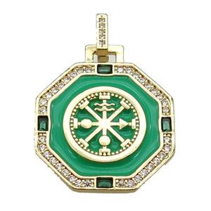 copper Octagon pendant paved zircon with green enamel, astrology, gold plated, approx 25mm [FN26033]