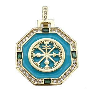 copper Octagon pendant paved zircon with teal enamel, astrology, gold plated, approx 25mm [FN26034]