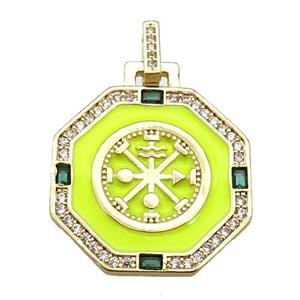 copper Octagon pendant paved zircon with yellow enamel, astrology, gold plated, approx 25mm [FN26035]