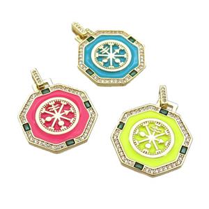 copper Octagon pendant paved zircon with enamel, astrology, gold plated, mixed, approx 25mm [FN26036]