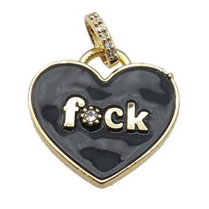 copper heart pendant paved zircon with black enamel, gold plated, approx 25mm [FN26051]