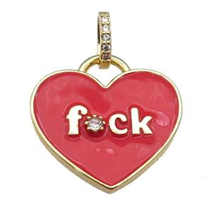copper heart pendant paved zircon with red enamel, gold plated, approx 25mm [FN26052]