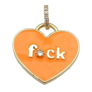 copper heart pendant paved zircon with orange enamel, gold plated, approx 25mm [FN26054]