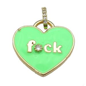 copper heart pendant paved zircon with green enamel, gold plated, approx 25mm [FN26056]