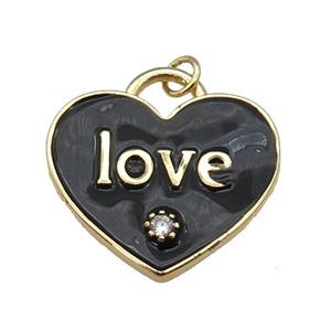 copper Heart pendant paved zircon with black enamel, LOVE, gold plated, approx 25mm [FN26060]