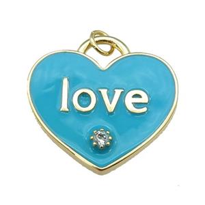 copper Heart pendant paved zircon with teal enamel, LOVE, gold plated, approx 25mm [FN26061]