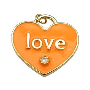 copper Heart pendant paved zircon with orange enamel, LOVE, gold plated, approx 25mm [FN26062]