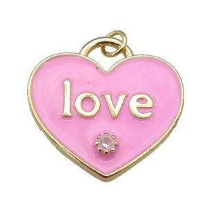 copper Heart pendant paved zircon with pink enamel, LOVE, gold plated, approx 25mm [FN26063]