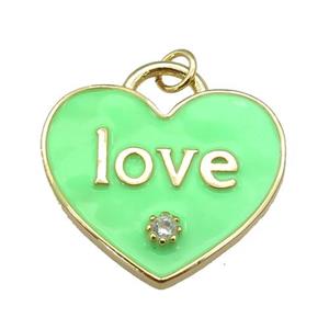 copper Heart pendant paved zircon with green enamel, LOVE, gold plated, approx 25mm [FN26064]
