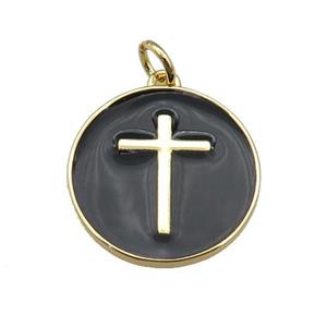 copper Circle pendant with black enamel, cross, gold plated, approx 18mm [FN26076]