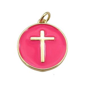 copper Circle pendant with hotpink enamel, cross, gold plated, approx 18mm [FN26077]