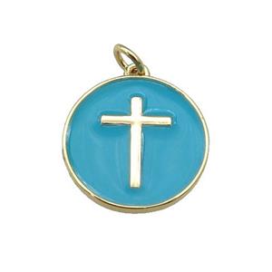 copper Circle pendant with teal enamel, cross, gold plated, approx 18mm [FN26079]