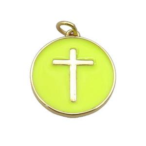 copper Circle pendant with yellow enamel, cross, gold plated, approx 18mm [FN26080]