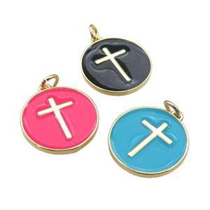 copper Circle pendant with enamel, cross, gold plated, mixed, approx 18mm [FN26081]