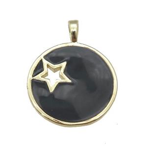 copper Circle pendant with black enamel, star, gold plated, approx 18mm [FN26083]