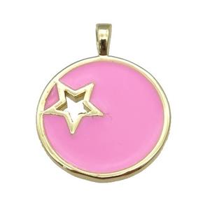 copper Circle pendant with pink enamel, star, gold plated, approx 18mm [FN26085]
