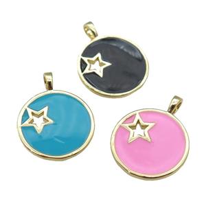 copper Circle pendant with enamel, star, gold plated, mixed, approx 18mm [FN26087]
