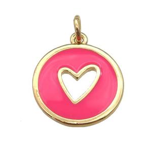 copper Circle pendant with hotpink enamel, heart, gold plated, approx 16mm [FN26090]