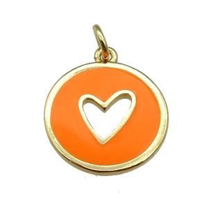 copper Circle pendant with orange enamel, heart, gold plated, approx 16mm [FN26091]