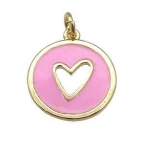 copper Circle pendant with pink enamel, heart, gold plated, approx 16mm [FN26092]