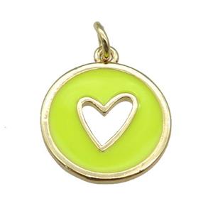 copper Circle pendant with yellow enamel, heart, gold plated, approx 16mm [FN26093]