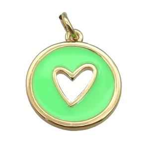 copper Circle pendant with green enamel, heart, gold plated, approx 16mm [FN26094]