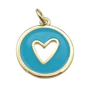 copper Circle pendant with teal enamel, heart, gold plated, approx 16mm [FN26095]