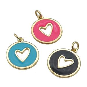 copper Circle pendant with enamel, heart, gold plated, mixed, approx 16mm [FN26096]