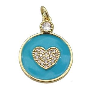 copper Circle pendant paved zircon with teal enamel, heart, gold plated, approx 16mm [FN26100]