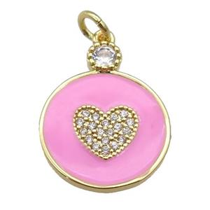 copper Circle pendant paved zircon with pink enamel, heart, gold plated, approx 16mm [FN26101]