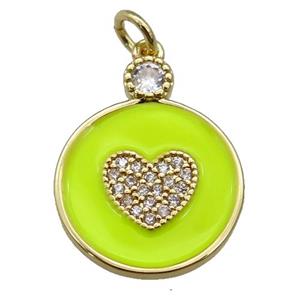 copper Circle pendant paved zircon with yellow enamel, heart, gold plated, approx 16mm [FN26103]