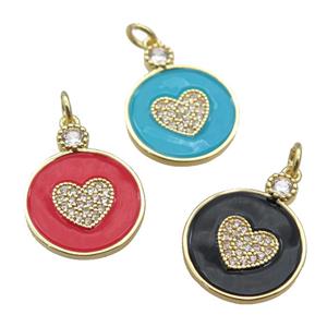 copper Circle pendant paved zircon with enamel, heart, gold plated, mixed, approx 16mm [FN26104]
