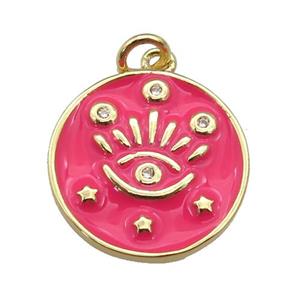 copper Circle pendant with hotpink enamel, eye, gold plated, approx 17mm [FN26108]
