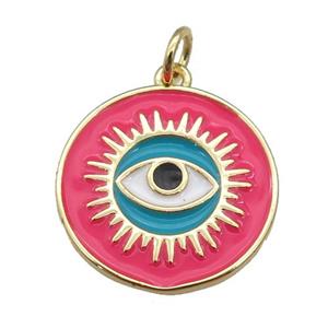 copper Circle pendant with hotpink enamel, evil eye, gold plated, approx 18mm [FN26116]