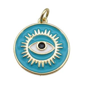 copper Circle pendant with teal enamel, evil eye, gold plated, approx 18mm [FN26117]