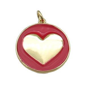 copper Circle pendant with red enamel, heart, gold plated, approx 20mm [FN26123]