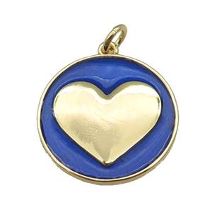 copper Circle pendant with blue enamel, heart, gold plated, approx 20mm [FN26125]