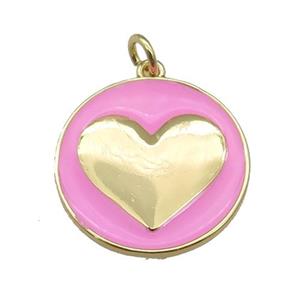 copper Circle pendant with pink enamel, heart, gold plated, approx 20mm [FN26126]