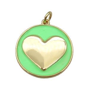 copper Circle pendant with green enamel, heart, gold plated, approx 20mm [FN26127]