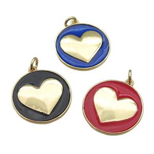 copper Circle pendant with enamel, heart, gold plated, mixed, approx 20mm [FN26129]