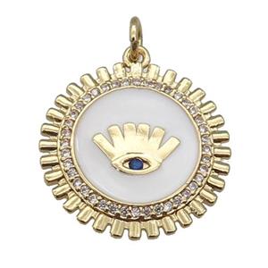 copper Circle pendant paved zircon with white enamel, eye, gold plated, approx 20mm [FN26130]