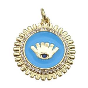copper Circle pendant paved zircon with blue enamel, eye, gold plated, approx 20mm [FN26132]