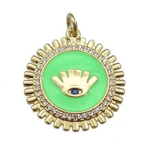 copper Circle pendant paved zircon with green enamel, eye, gold plated, approx 20mm [FN26134]