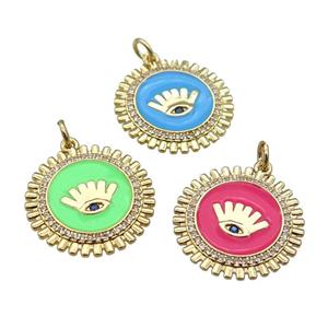 copper Circle pendant paved zircon with enamel, eye, gold plated, mixed, approx 20mm [FN26136]